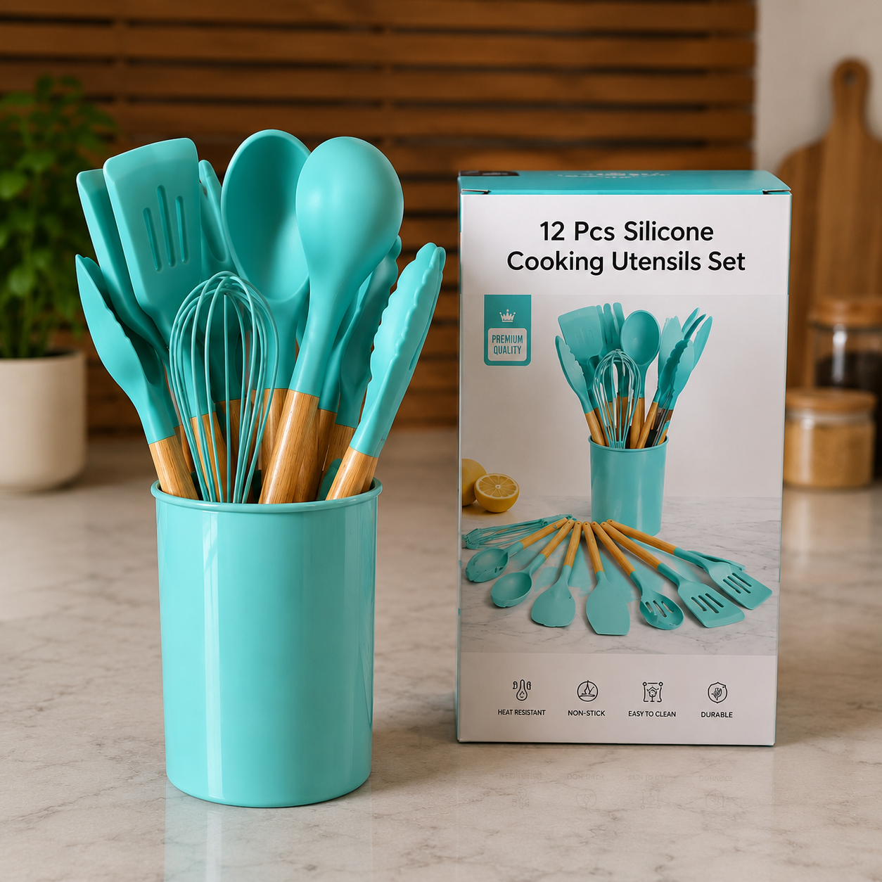 12 Pcs Silicone Cooking Utensils Kitchen Utensil Set - Heat Resistant Non-Toxic BPA Free Spatula Set with Turner Tongs,Spoon,Brush,Whisk-Wooden Handles Kitchen Gadgets Tools Set for Nonstick Cookware