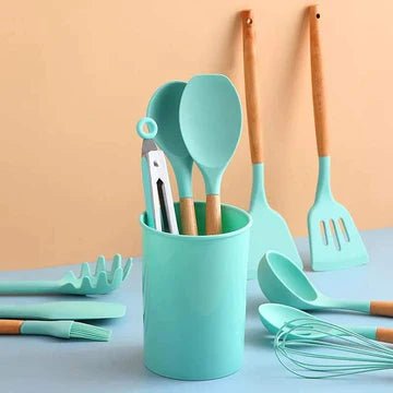 12 Pcs Silicone Cooking Utensils Kitchen Utensil Set - Heat Resistant Non-Toxic BPA Free Spatula Set with Turner Tongs,Spoon,Brush,Whisk-Wooden Handles Kitchen Gadgets Tools Set for Nonstick Cookware