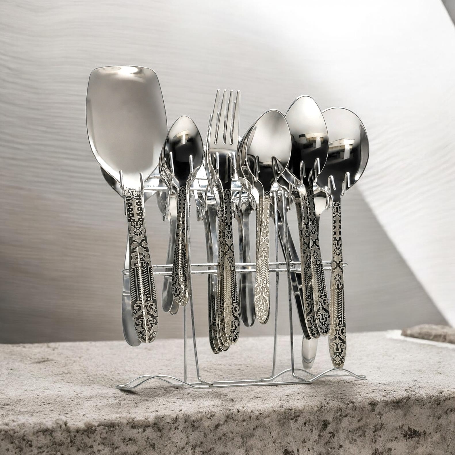 28-Piece Premium Stainless Steel Cutlery Set with Stand | Mirror Finish | AR Cutlery Store