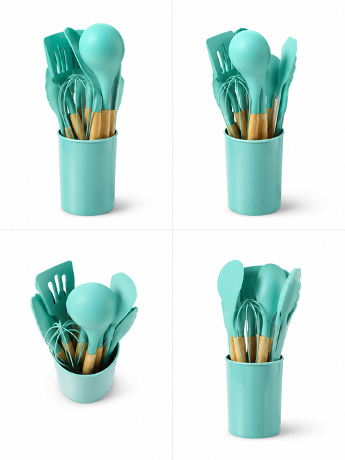 12 Pcs Silicone Cooking Utensils Kitchen Utensil Set - Heat Resistant Non-Toxic BPA Free Spatula Set with Turner Tongs,Spoon,Brush,Whisk-Wooden Handles Kitchen Gadgets Tools Set for Nonstick Cookware